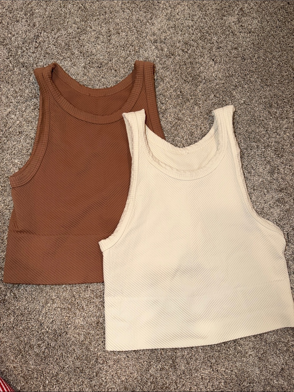 TWO NikiBiki Highneck Crop Tank Tops Ribbed, Brown and Cream